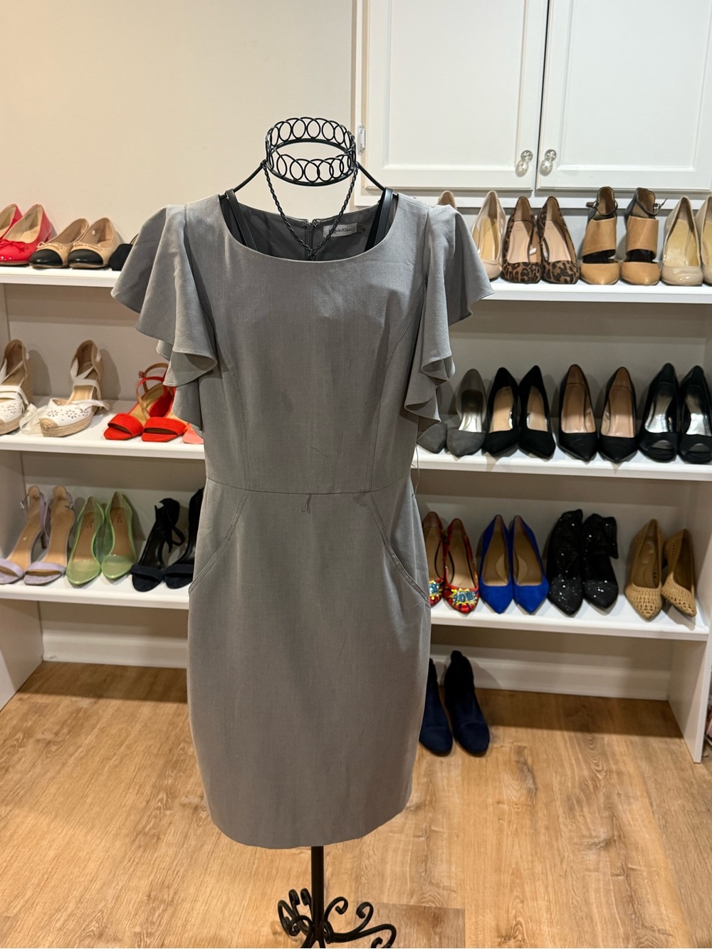 Calvin Klein Grey Flutter-Sleeve Sheath Midi Dress